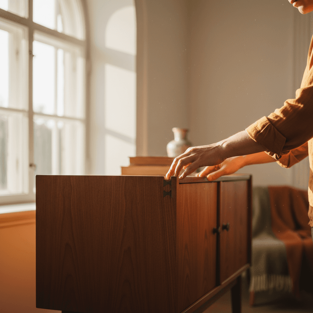 Examining the joinery of a mid-century teak sideboard in a Swedish estate