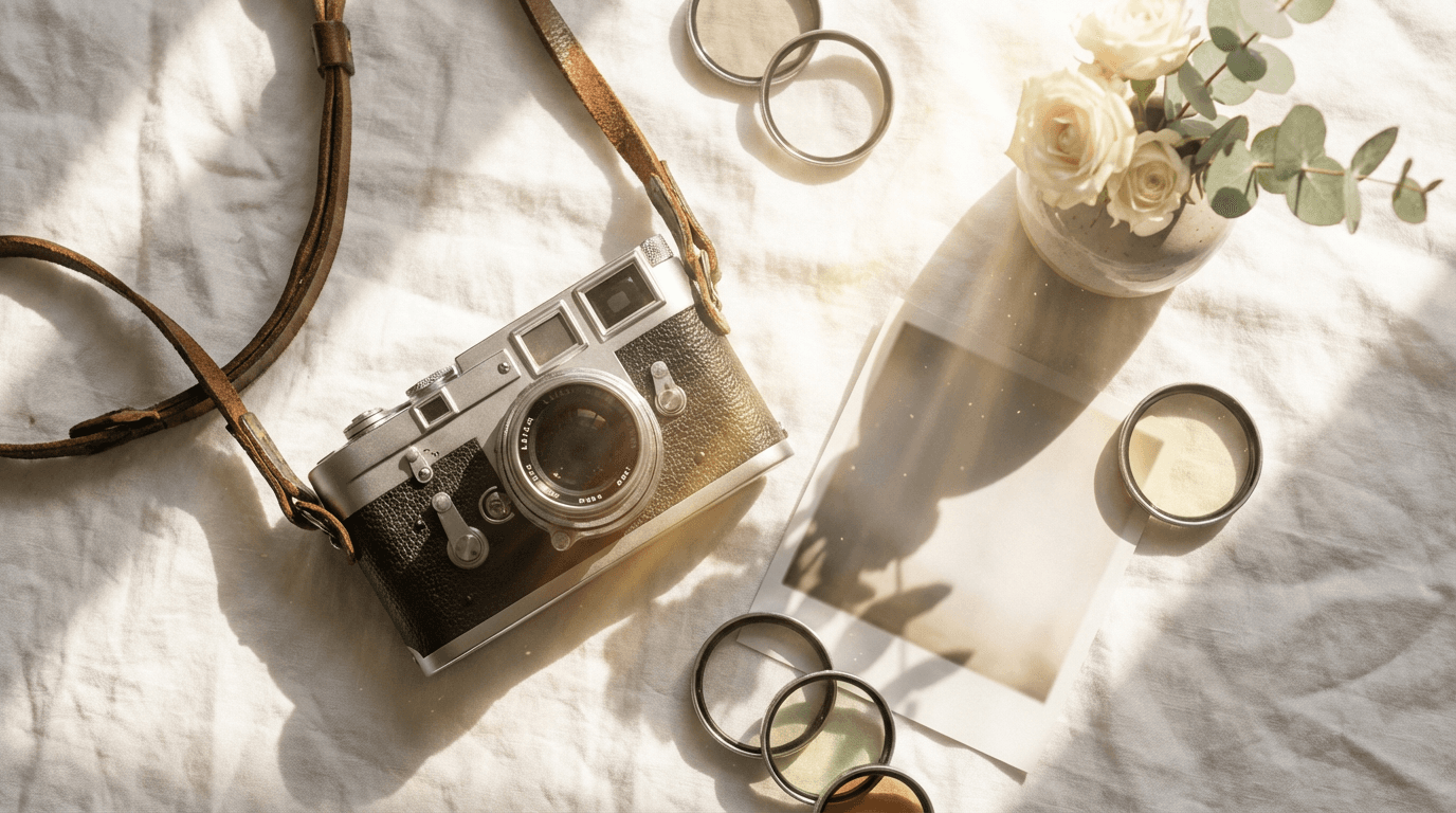 Vintage camera equipment and film on sun-lit white linen with flower shadows and dust particles in light.